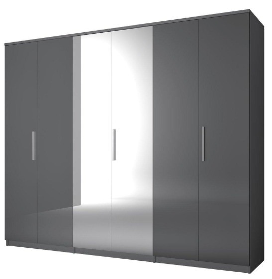 Prague Gloss 6 Door Wardrobe Grey 2 Mirrored Doors 4