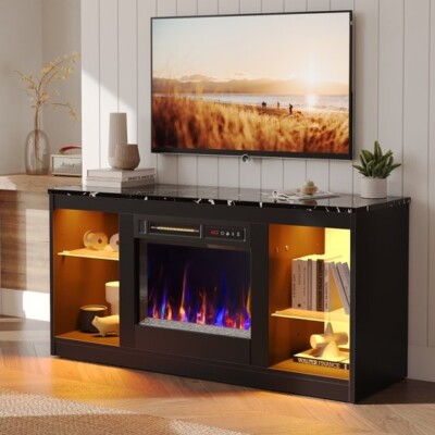 Modern Electric Fireplace TV Stand for TVs up to 55", with LED and glass shelves