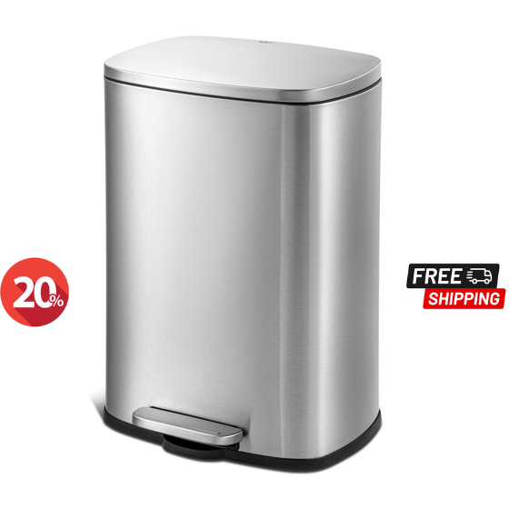 Qualiazero 13.2 Gallon Trash Can, Rectangular Step On Kitchen Trash Can, Silver