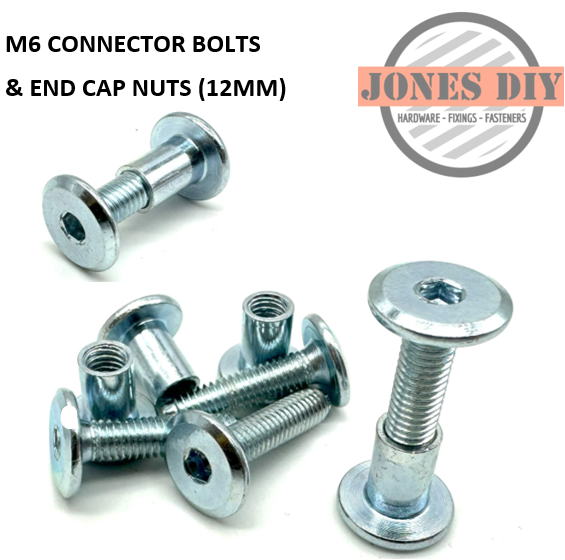 M6 JOINT CONNECTOR BOLTS & END CAP NUT 12MM FURNITURE CONNECTING BOLT FLAT PACK