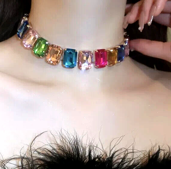 Stunning Square JEWELS Rainbow COLORFUL Betsey Johnson Statement Necklace