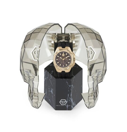 Pre-owned Philipp Plein Octagon (pwtba0423) Men's Gold/black Chronograph Quartz Watch