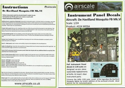 Airscale 1/24 DeHavilland Mosquito FB Mk VI Instrument Panel decal 2411