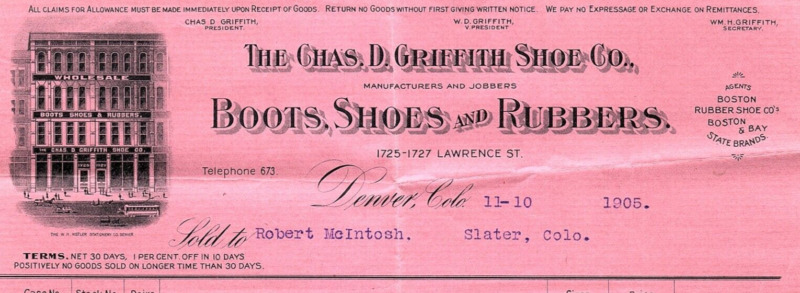 1905 THE CHAS D GRIFFITH SHOE CO DENVER CO BOOTS SHOES RUBBERS BILLHEAD Z876