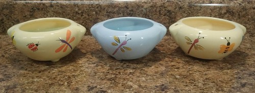 Vintage Dragonfly Ladybug Hanging Planters set of 3, 2 yellow 1 blue 3