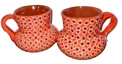 2 Sin Plomo Raul Floral Blue Dot Orange White Pottery Mug Cup Hecho Hand Painted