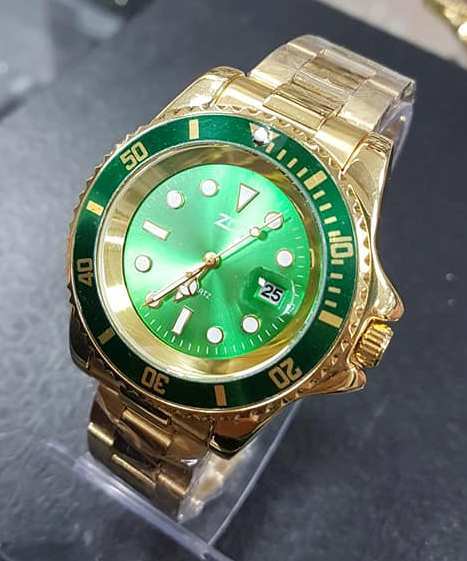 Orologio Polso Zcc Submarine Uomo Analogico Quarzo Datario Dorato Verde lac