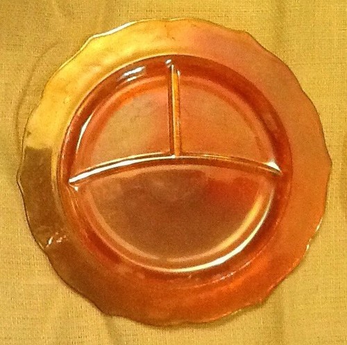 2 Marigold Carnival Normandie Divided Glass Plate Bouquet & Lattice Plate 30's