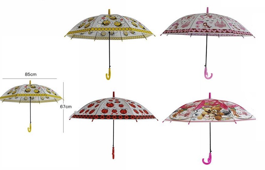 Ombrello Per Bambini PVC Trasparente Fantasia Colorato Bimbi Scuola Pioggia dfh