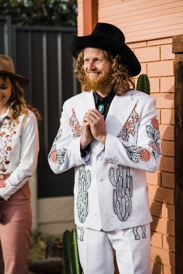 Pre-owned Art Men's Custom Made 2pc White Wedding Suit Cotton Western Floral Embroidered Suit