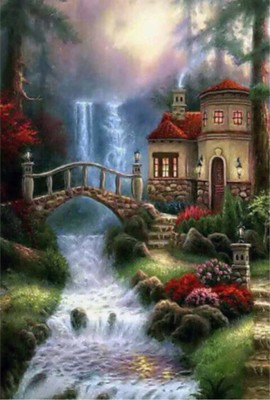 5D Diamond Painting Red Roof Waterfall Home Kit