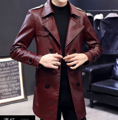 Men s Leather Trench Coat Double Breasted Overcoat Lapel Mid