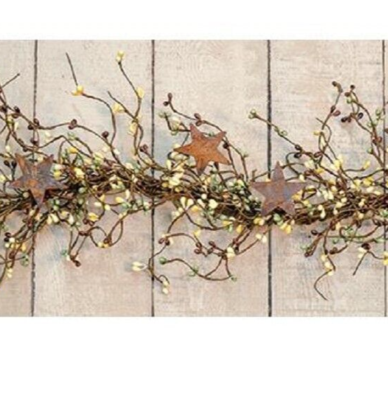 NEW Pip Berry Garland w/ Rusty 2" Stars COFFEE BEAN MIX 40" Brown Beige Green