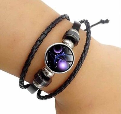 12 Constellation Handmade Leather Bangle Couple Retro Jewelry Zodiac Bracelet US
