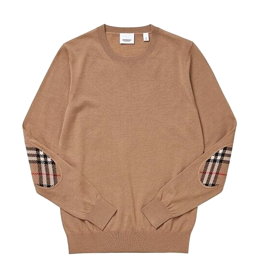 Pre-owned Burberry $830  Bempton Camel Merino Wool Elbow Check Patches Pullover Sweater S In Beige