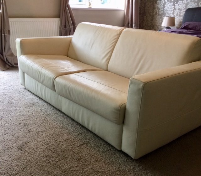 Italian Leather Double Sofa Bed Cream. Metal Action sofabed. Mattress