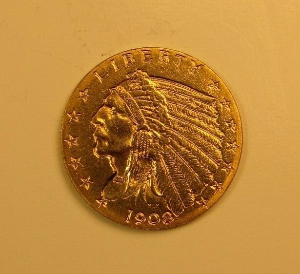 1908 $2.50 Indian Quarter Eagle Gold Coin, AU