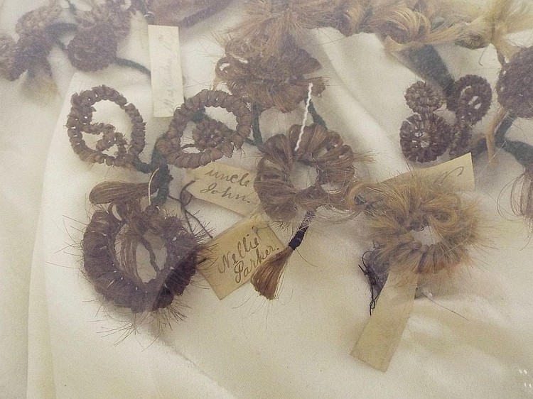 Antique Victorian Mourning Art.  Shadowbox with Hair Wreaths.