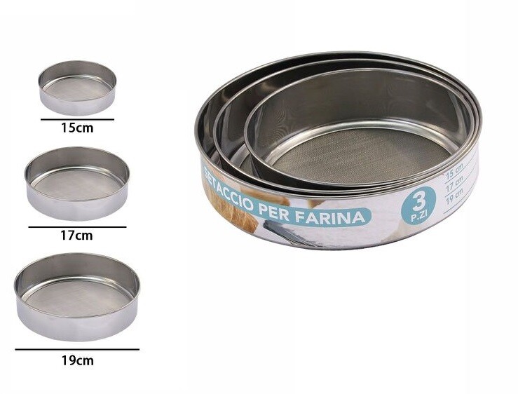 Set 3 Pezzi Setaccio Setacci Rotondi In Metallo 15/17/19cm Dolci Farina dfh