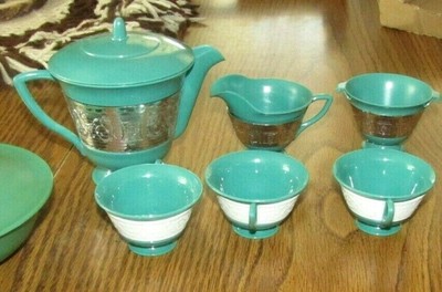 Vintage Banner Toy Dishes Green Bowl Pitcher Cup Creamer Sugar 10 Piece Tea Set