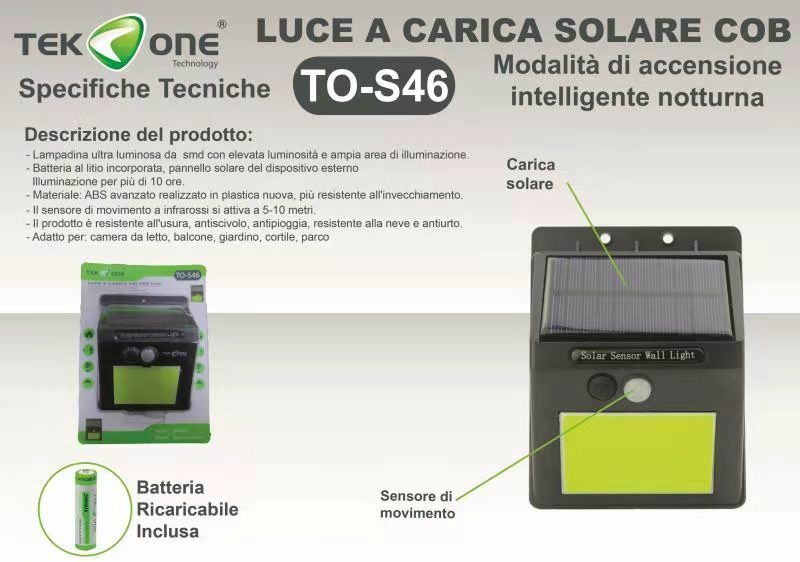 Lampada Led Cob TeKone To-S46 Luce Ricarica Solare Applique Parete Sensore hsb