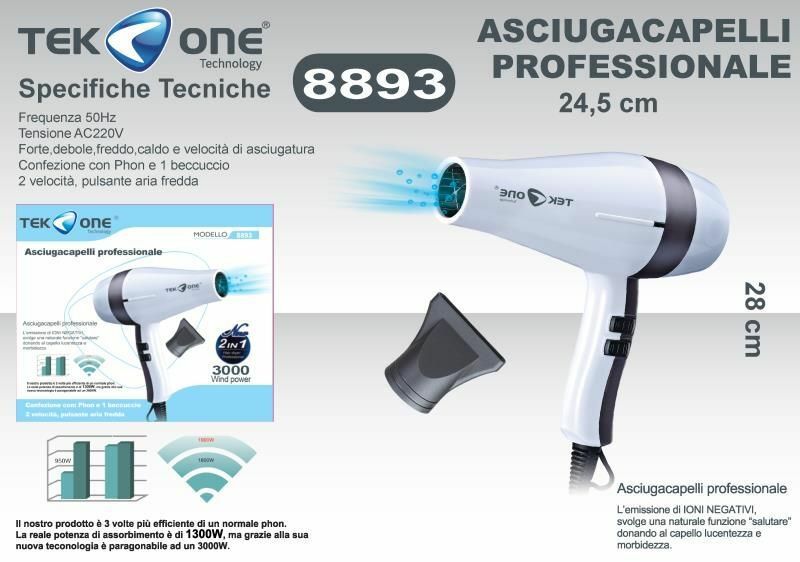 AsciugaCapelli Phon TeKone 8893 Professionale 2in1 2 Velocità 1300W hsb