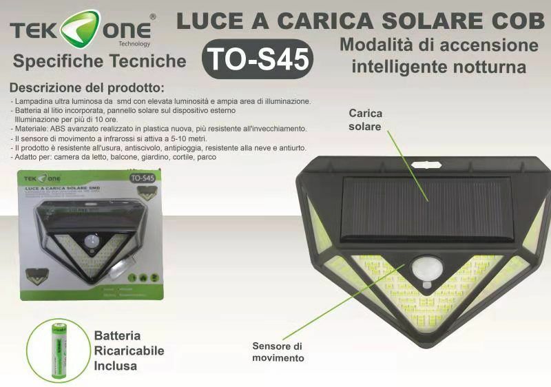 Lampada Led Cob TeKone To-S45 Luce Ricarica Solare Applique Parete Sensore hsb
