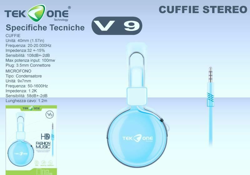 Cuffie Stereo TeKone V9 Con Microfono Dinamiche Headphones Hi-Fi Azzurre hsb