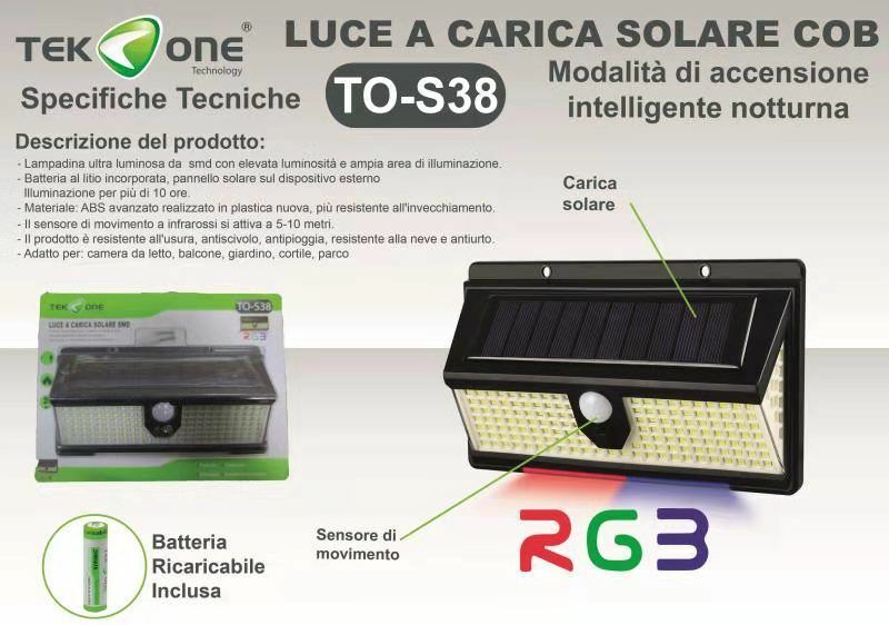 Lampada Led Cob TeKone To-S38 Luce Ricarica Solare Applique Parete Sensore hsb