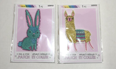 Mine 2 Design 1 BLUE BUNNY 1 LLAMA  Peel & Stick/Iron On Patches Metallic Thread