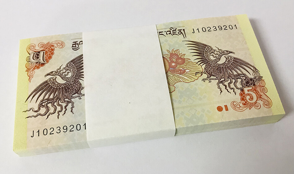 Bhutan 5 Ngultrum 2015 P 28 c UNC Lot 100 Pcs 1 Bundle ,Taktsang , Bya Tshering