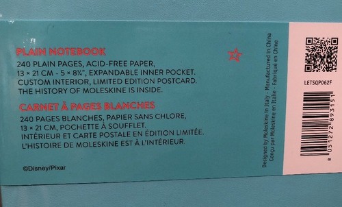 Moleskine Toy Story Limited Edition Notebook, Large, Plain, Light Blue, Hard NEW