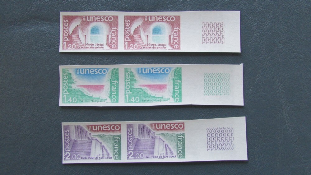FRANCE UNESCO SCOTT 2021 TO 2023 Y&T 61 TO 63 TAB MARGIN IMPERF MNH 1980