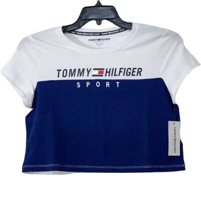 NWT Tommy Hilfiger Sport Women's Logo Crop Top Shirt White/Blue, Large