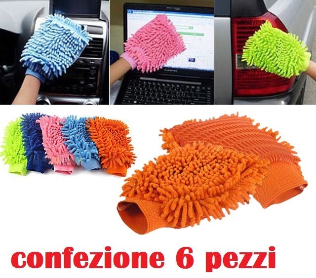 Set 6 Pezzi Guanto Microfibra Pulizia Lavaggio Auto Cucina Bagno Ufficio moc