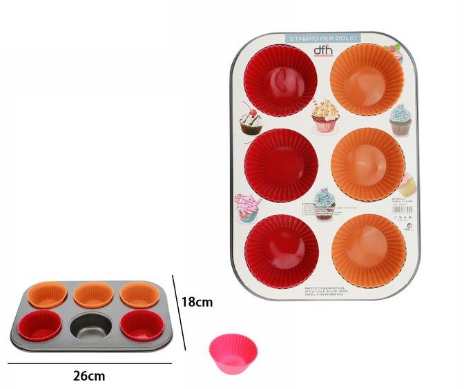 Stampo Teglia Vassoio Antiaderente Silicone 6 Muffin Cupcake Dolci Budino dfh