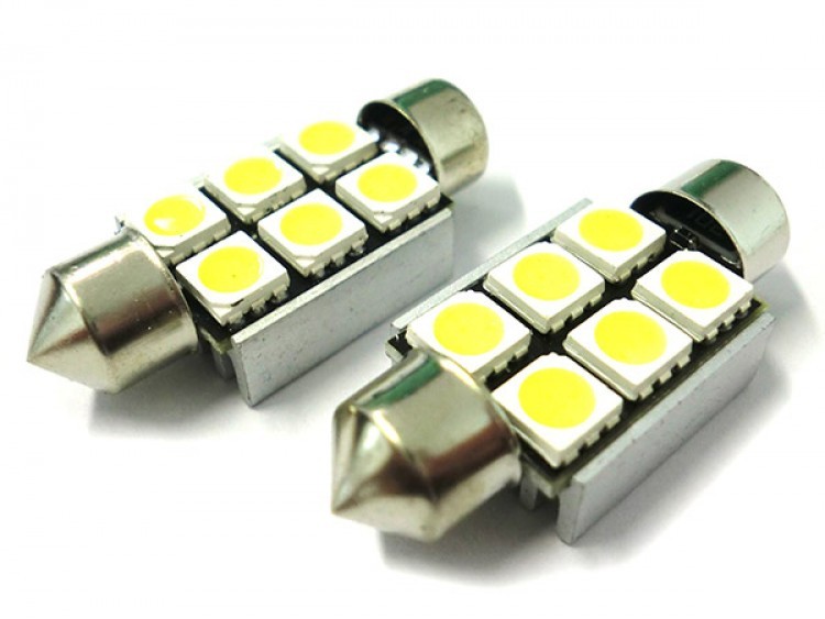 Set 2 Lampadine Led Siluro Canbus T11 C5W 39mm 6 SMD 5050 12V Luci Targa hsb