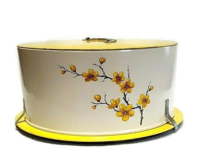 Decoware Vintage Cake Carrier Tin Cover with Handle Yellow Gold Floral Design