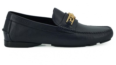 Pre-owned Versace Navy Blue Calf Leather Loafers Shoes