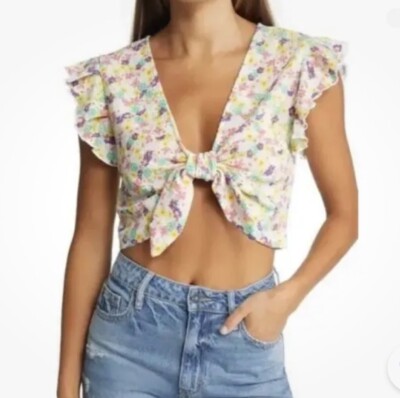 VERO MODA Tie-Front Crop Top Colorful Floral Print Ruffle Short Sleeves Sz Lg