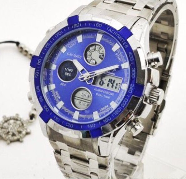 Orologio Polso ZCC 8988 Uomo Quarzo Acciaio Dual Time Silver Blu lac