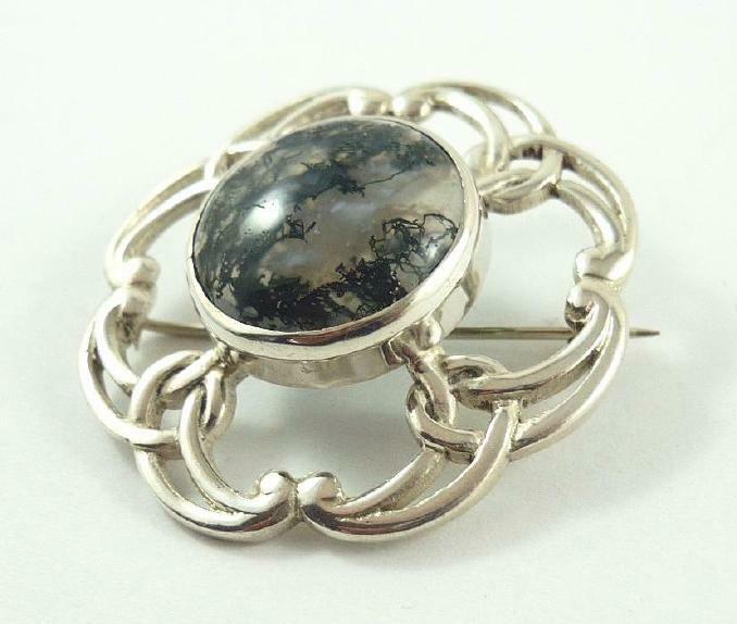 Vintage Sterling Silver & Moss Agate Scottish / Celtic Brooch or Pin