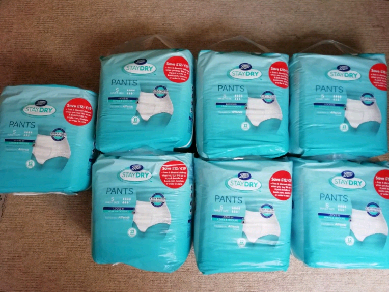 84 Boots stay dry incontinence pads pants size small 7 packs unisex