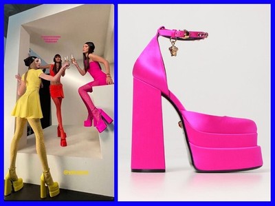 NEW VERSACE MEDUSA AEVITAS PLATFORM HIGH HEEL  HOT PINK SATIN SHOES 37 - 7