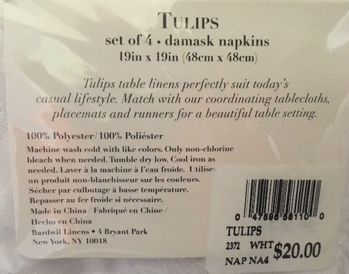Napkins & Placemats BARDWIL LINENS Tulips White Damask Set Of 4 Each New