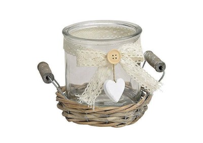 Weidenkorb mit Windlicht  2-teilig mit Zierband und Herzanhänger Deko