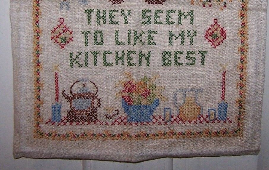 VINTAGE EMBROIDERED SAMPLER-KITCHEN-NO MATTER WHERE I SERVE-WALL HANGING-UNFRAME
