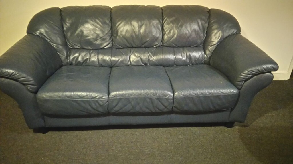 Navy Blue Leather Sofa Set for Sale, 3 Seat + 2 Seat, Good Condition