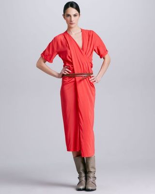 $1300 DONNA KAREN Collection Asymmetrical Draped Crepe Dress CORAL LEATHER 6 us