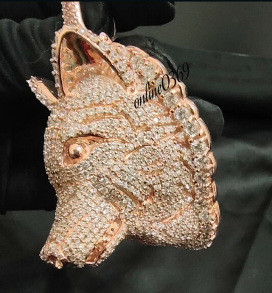 Pre-owned Online0369 Mens 3d Wolf Face Charm 3.28 Ct Cubic Zirconia Pendant Rose Gold Over Silver In White